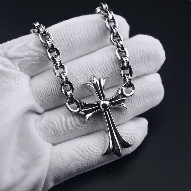 Silver Heavy-Link Curb Chain Stylized Fleur-De-Lis Cross Pendant Necklace 6