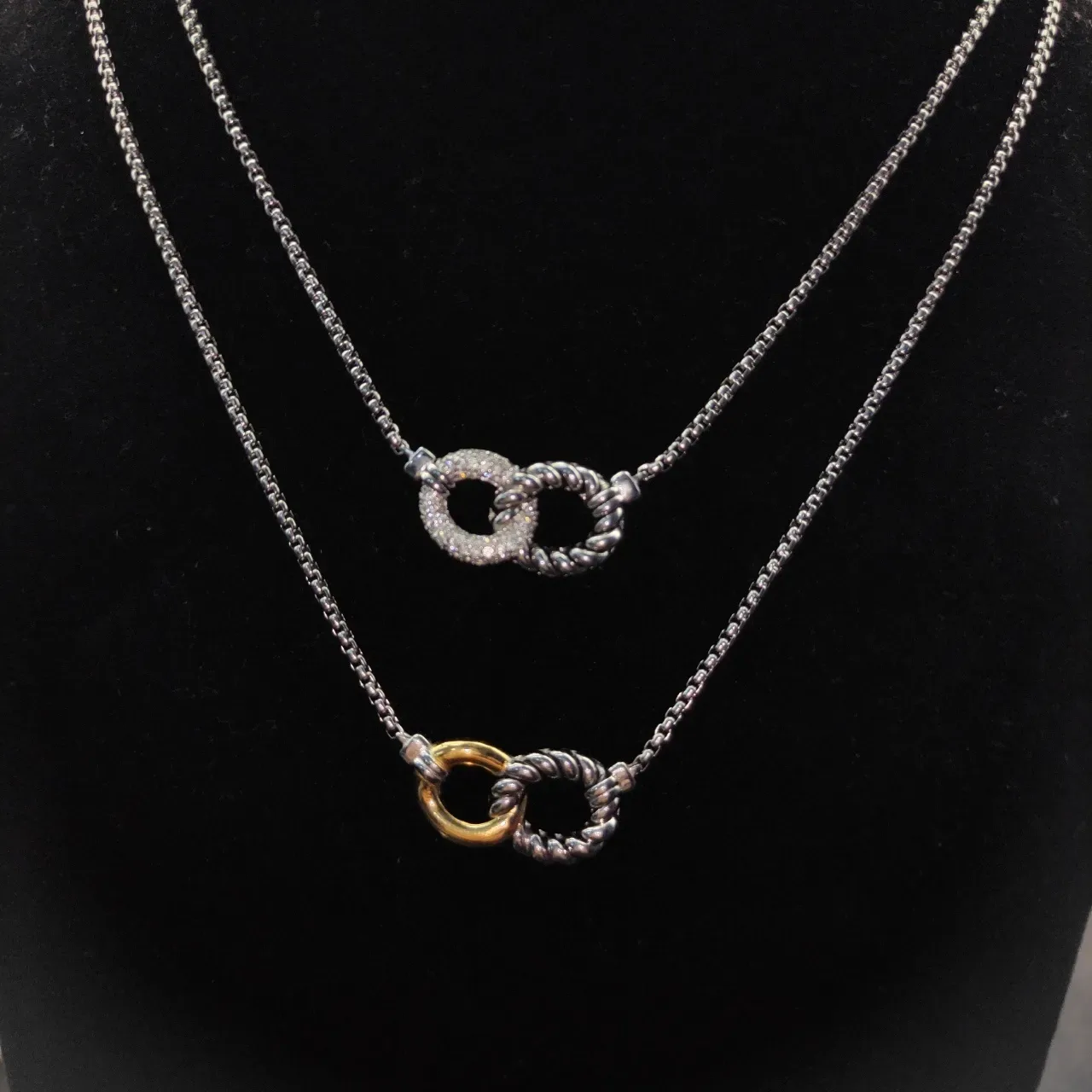 Silver Interlocking Double-Ring Pavé Pendant Necklace 2