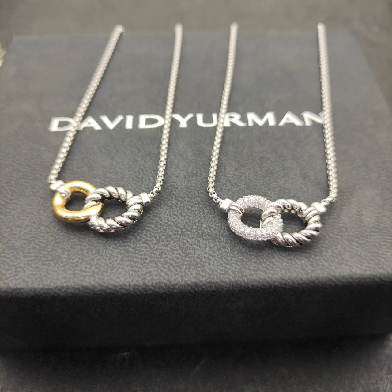 Silver Interlocking Double-Ring Pavé Pendant Necklace 3