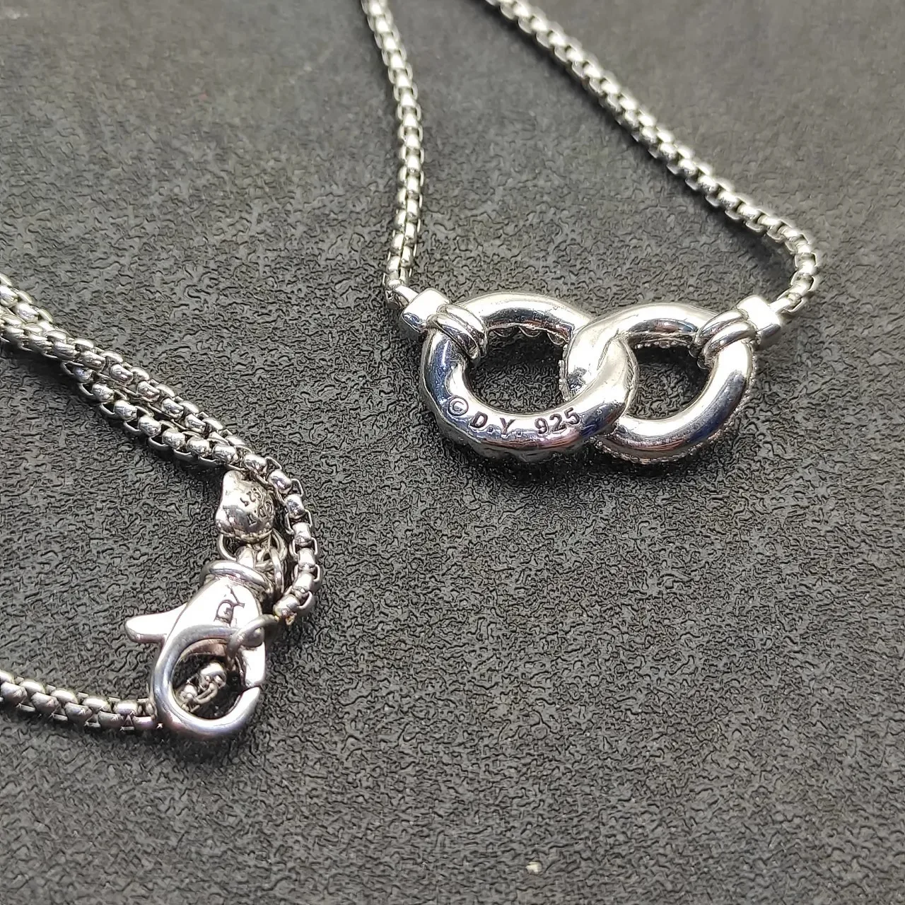 Silver Interlocking Double-Ring Pavé Pendant Necklace 9