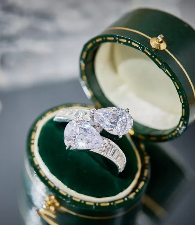 Silver Pear-Cut Twin-Stone Split Shank Ring 7