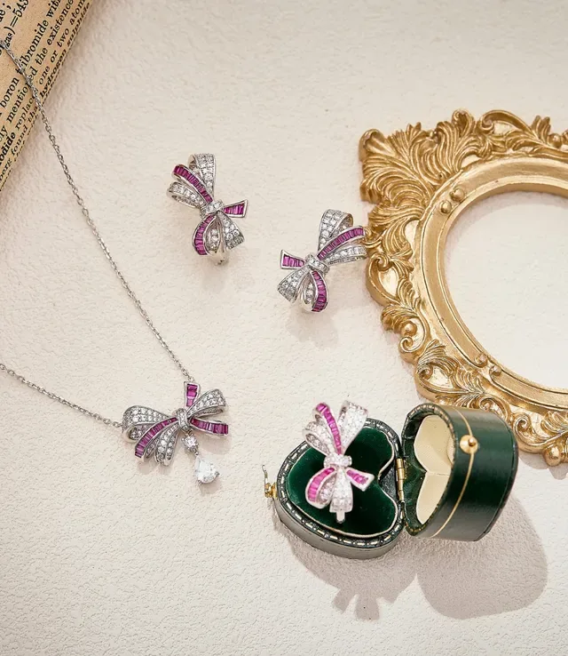 Silver Pink Bow-Shaped Pendant Baguette-Cut Ruby Accents Necklace 2