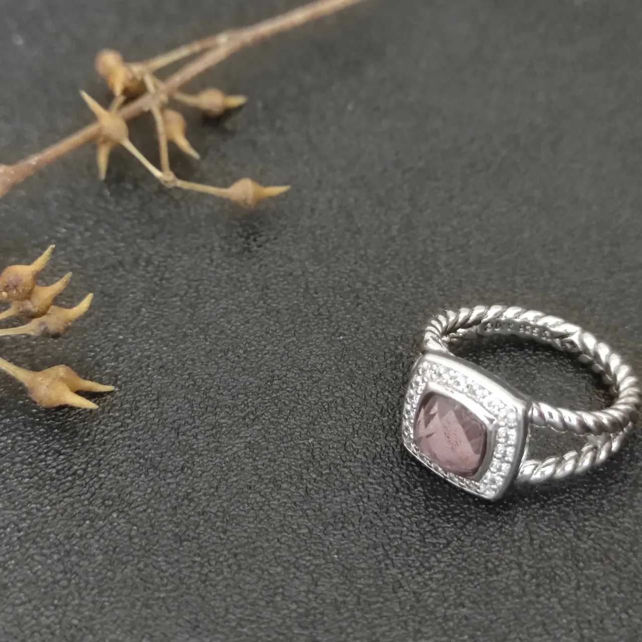 Silver Purple Twisted Rope Band Square Cushion-Cut Center Stone Ring 5