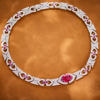 Silver Red Geometric Link Design Pavé-Set White Stones Necklace