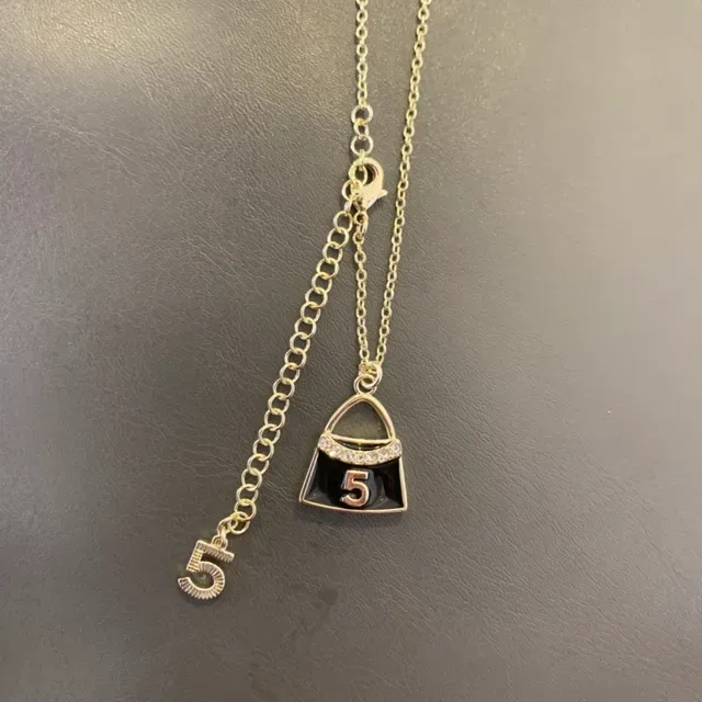 Silver-Tone Black Enamel Number 5 Handbag Pendant Necklace 2