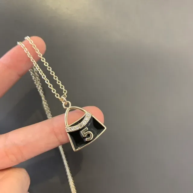 Silver-Tone Black Enamel Number 5 Handbag Pendant Necklace 3