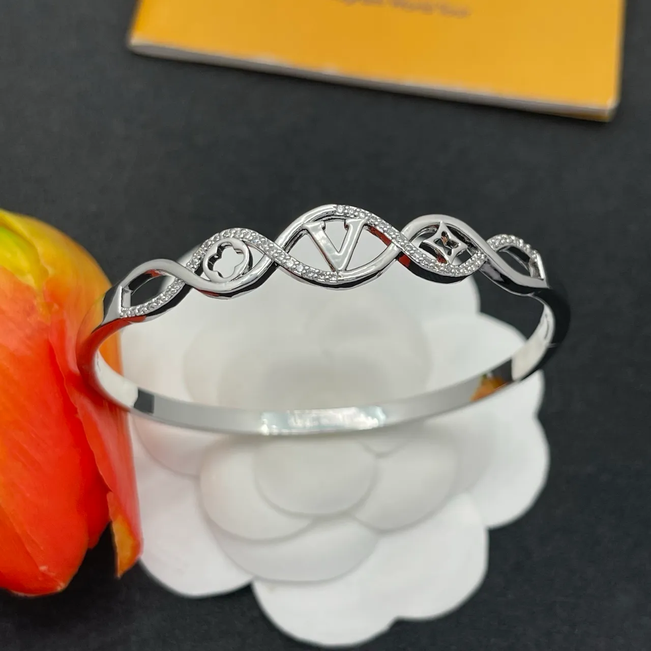 Silver-Tone Pavé Wave Motif Openwork Bracelet 8