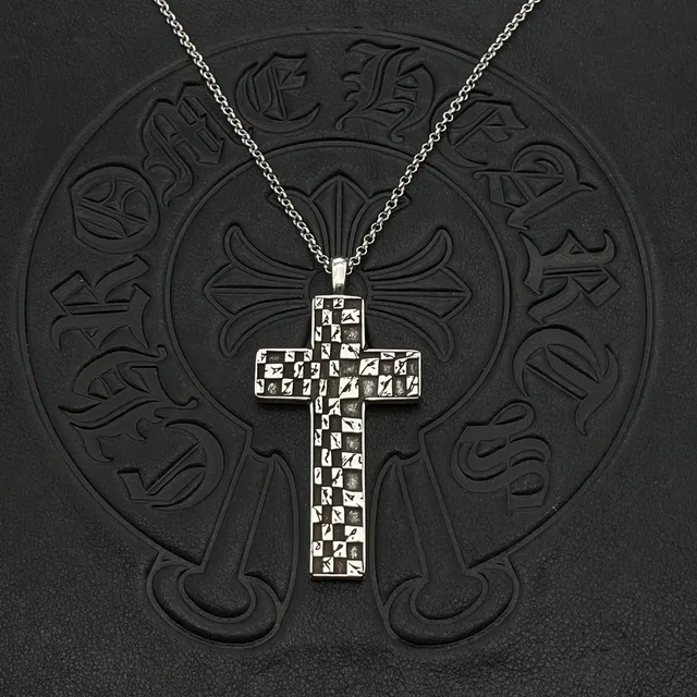 Silver-Toned Geometric Checkered Cross Pendant Necklace 2
