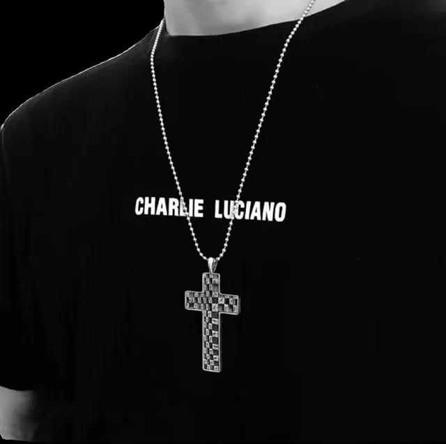Silver-Toned Geometric Checkered Cross Pendant Necklace 3