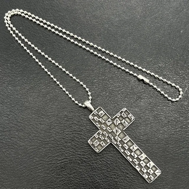 Silver-Toned Geometric Checkered Cross Pendant Necklace 5
