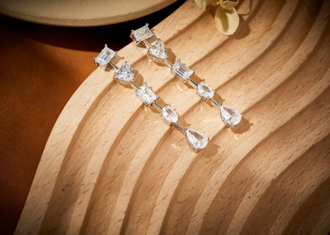 Silver Transparent Multi-Stone Linear Drop Assorted Cuts Earrings 2