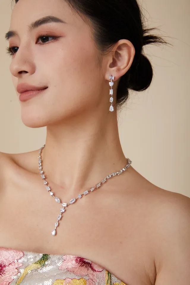 Silver Transparent Multi-Stone Linear Drop Assorted Cuts Earrings 3