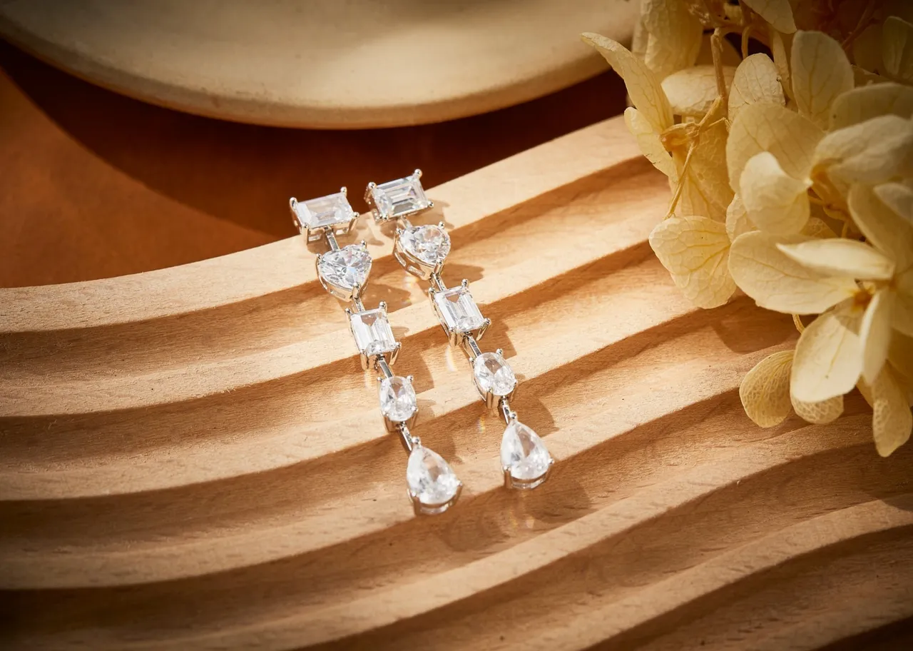 Silver Transparent Multi-Stone Linear Drop Assorted Cuts Earrings 4