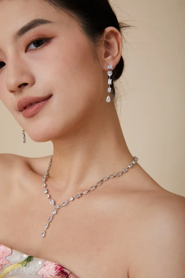Silver Transparent Multi-Stone Linear Drop Assorted Cuts Earrings 5