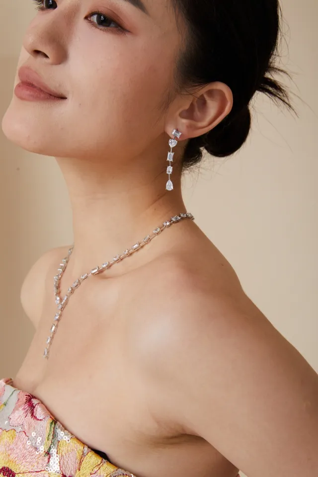 Silver Transparent Multi-Stone Linear Drop Assorted Cuts Earrings 8