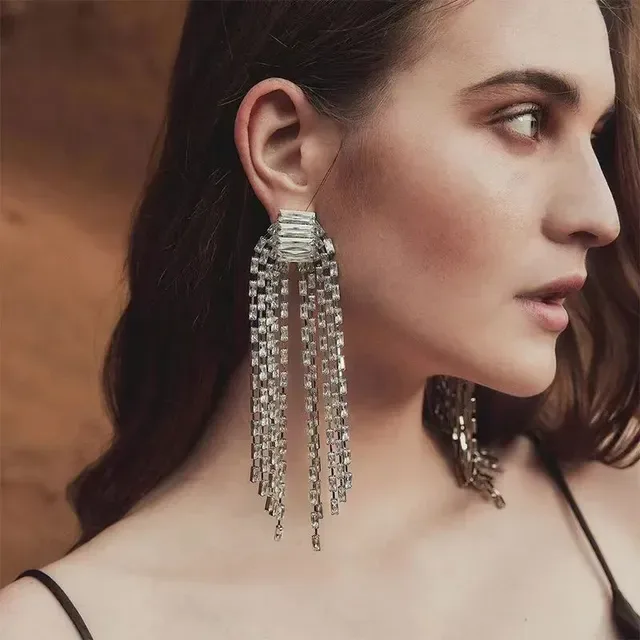 Silver Transparent Multi-Strand Tassel Baguette-Cut Crystals Jewelry 2