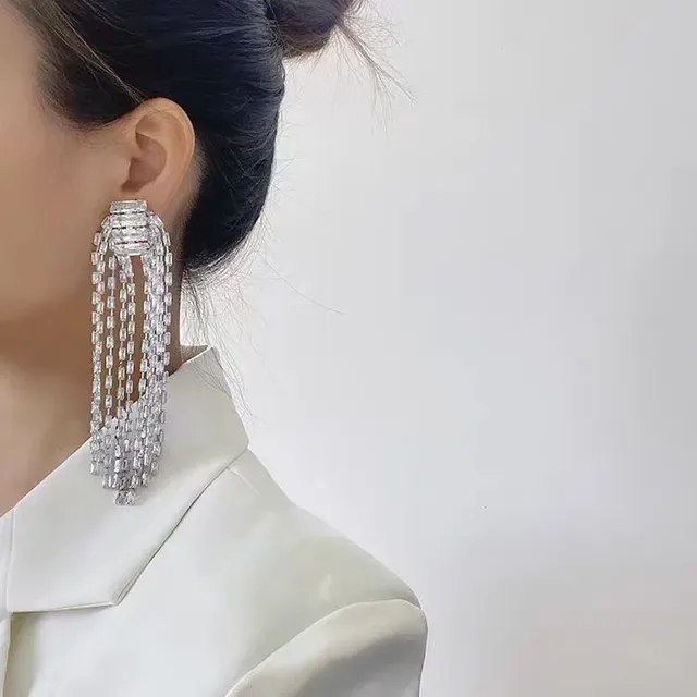Silver Transparent Multi-Strand Tassel Baguette-Cut Crystals Jewelry 3