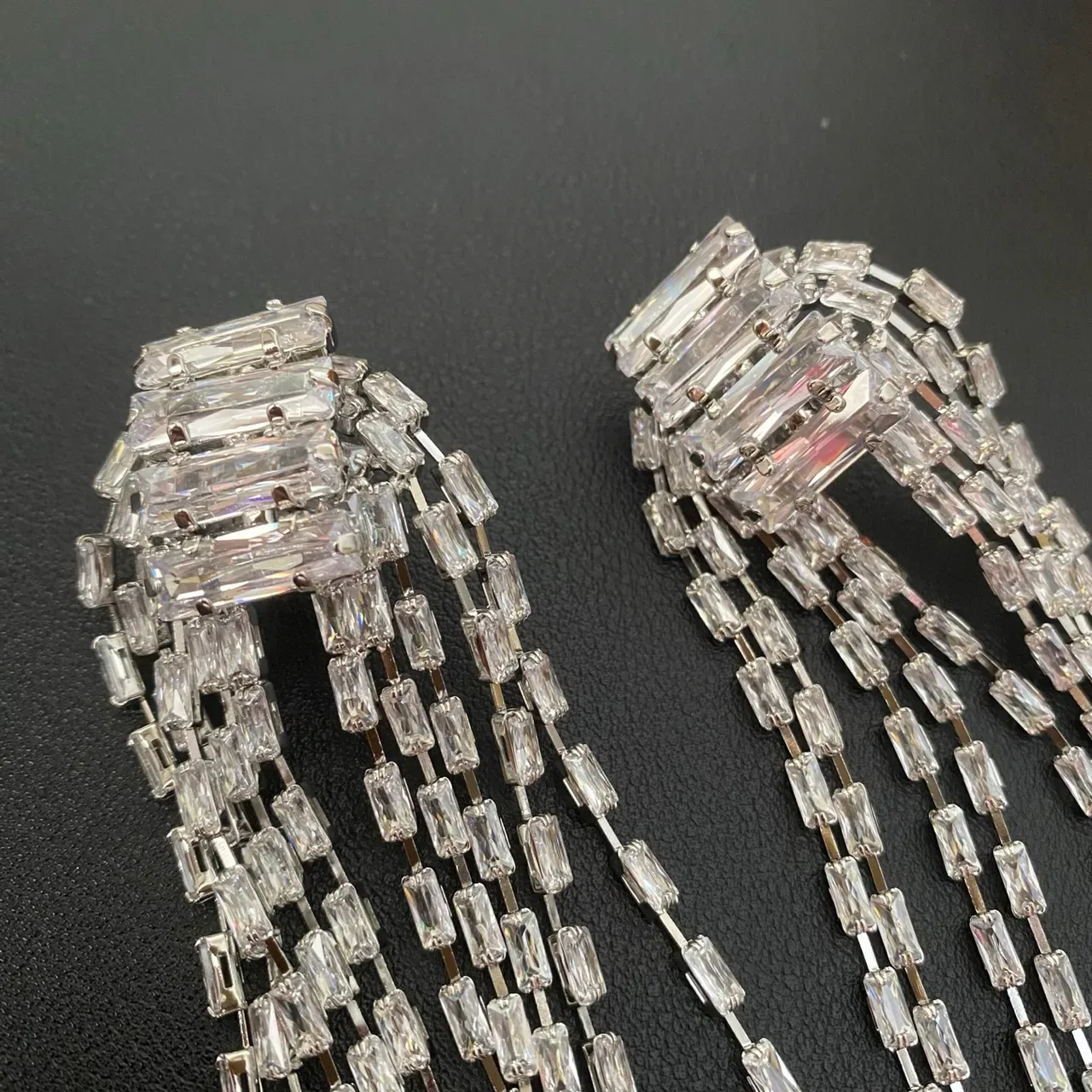 Silver Transparent Multi-Strand Tassel Baguette-Cut Crystals Jewelry 6