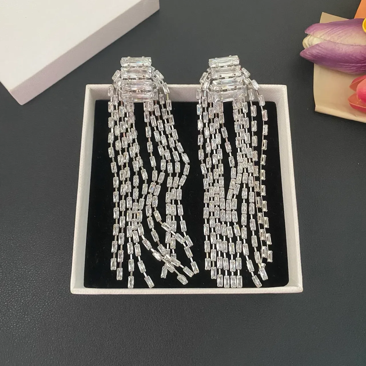 Silver Transparent Multi-Strand Tassel Baguette-Cut Crystals Jewelry 7