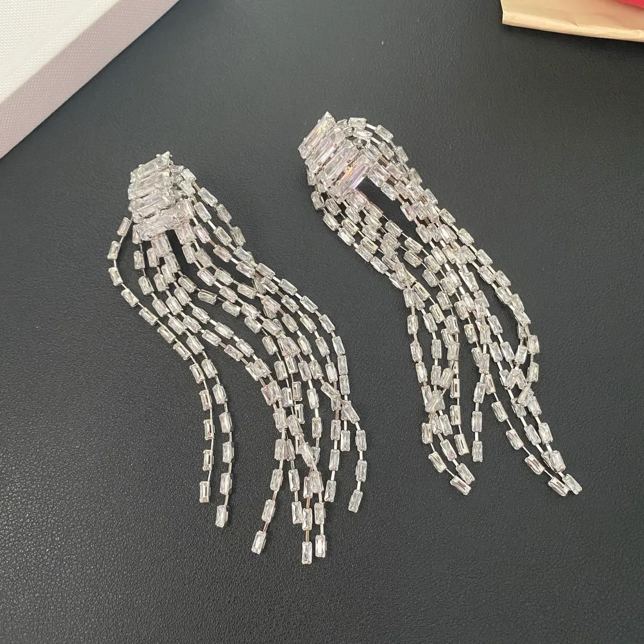 Silver Transparent Multi-Strand Tassel Baguette-Cut Crystals Jewelry 8