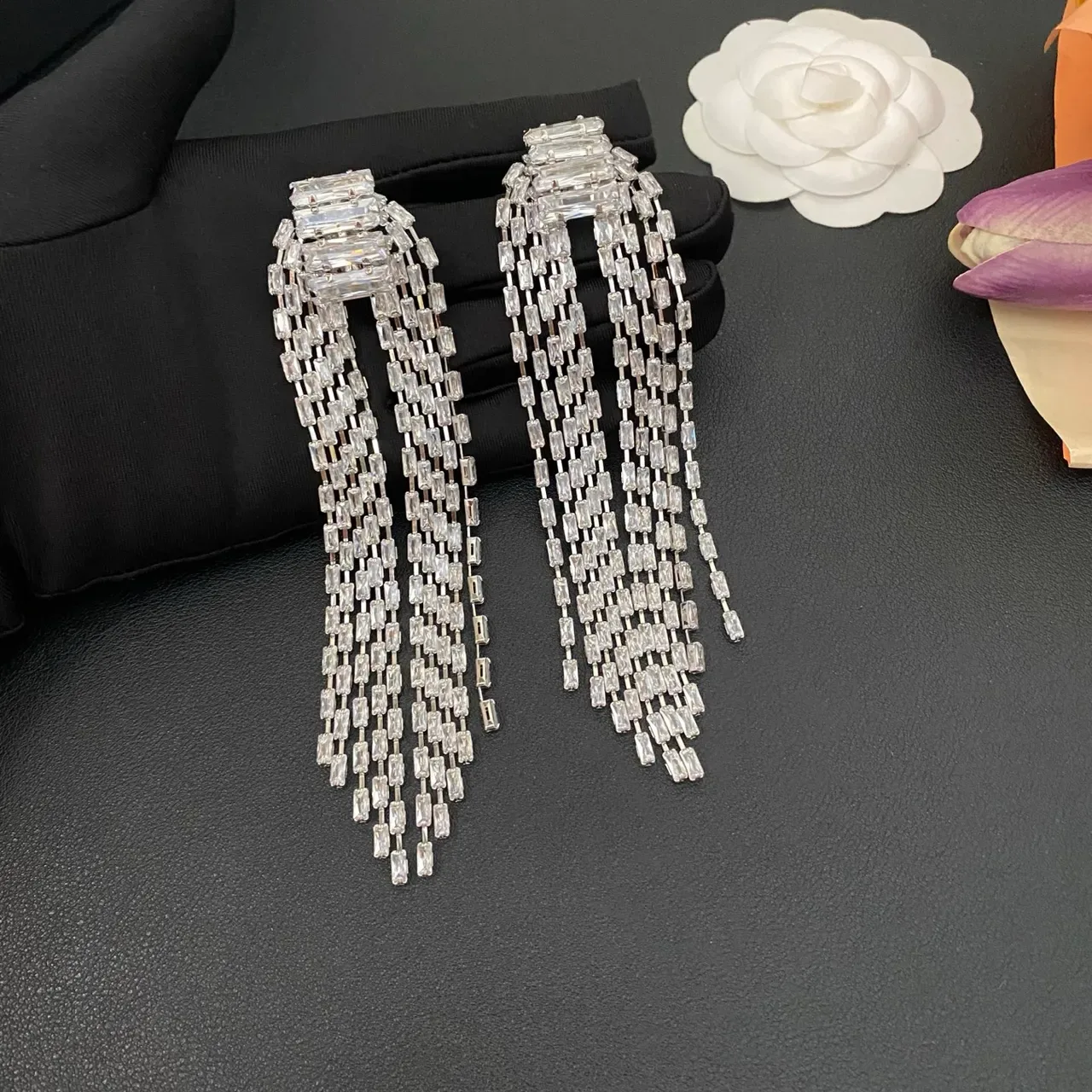 Silver Transparent Multi-Strand Tassel Baguette-Cut Crystals Jewelry 9