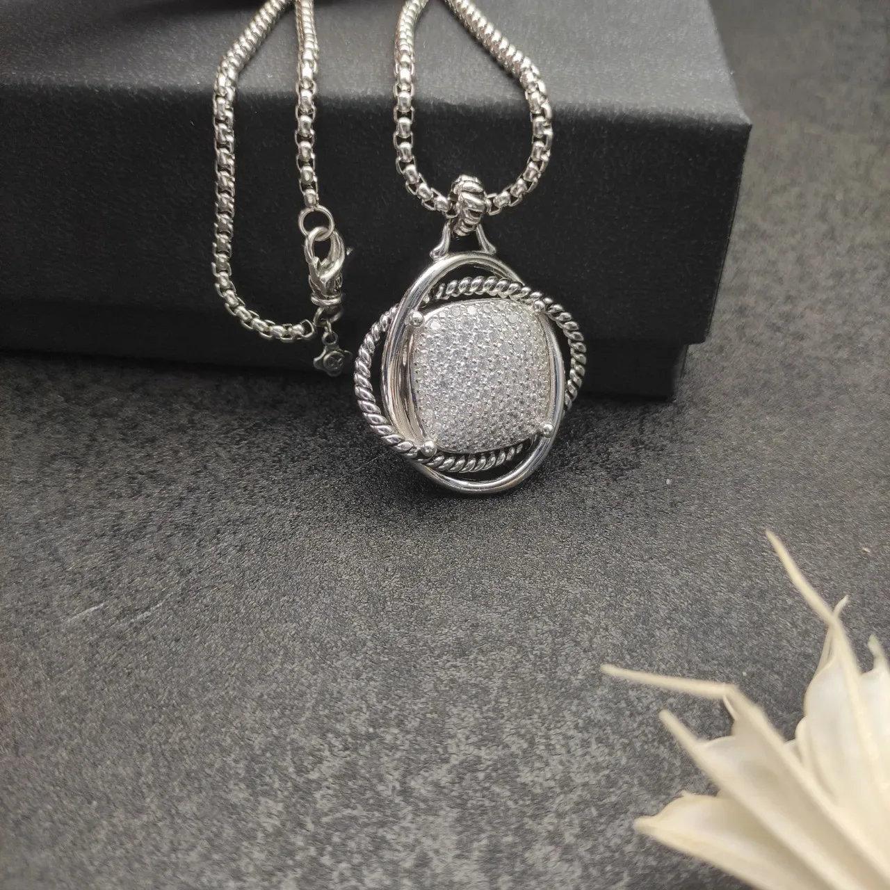 Silver Transparent Pavé-Set Square Face Rope-Twist Bezel Necklace 2