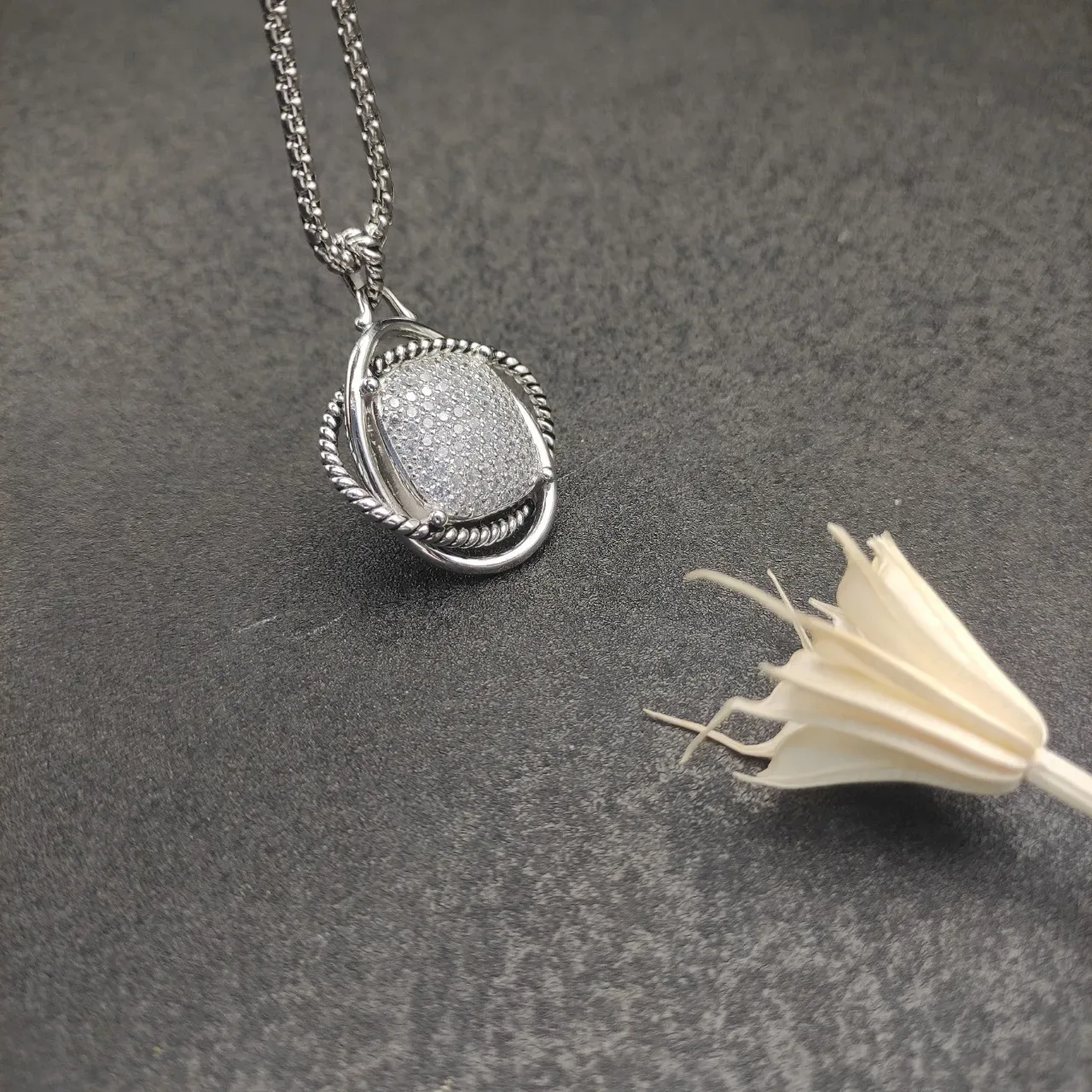 Silver Transparent Pavé-Set Square Face Rope-Twist Bezel Necklace 7