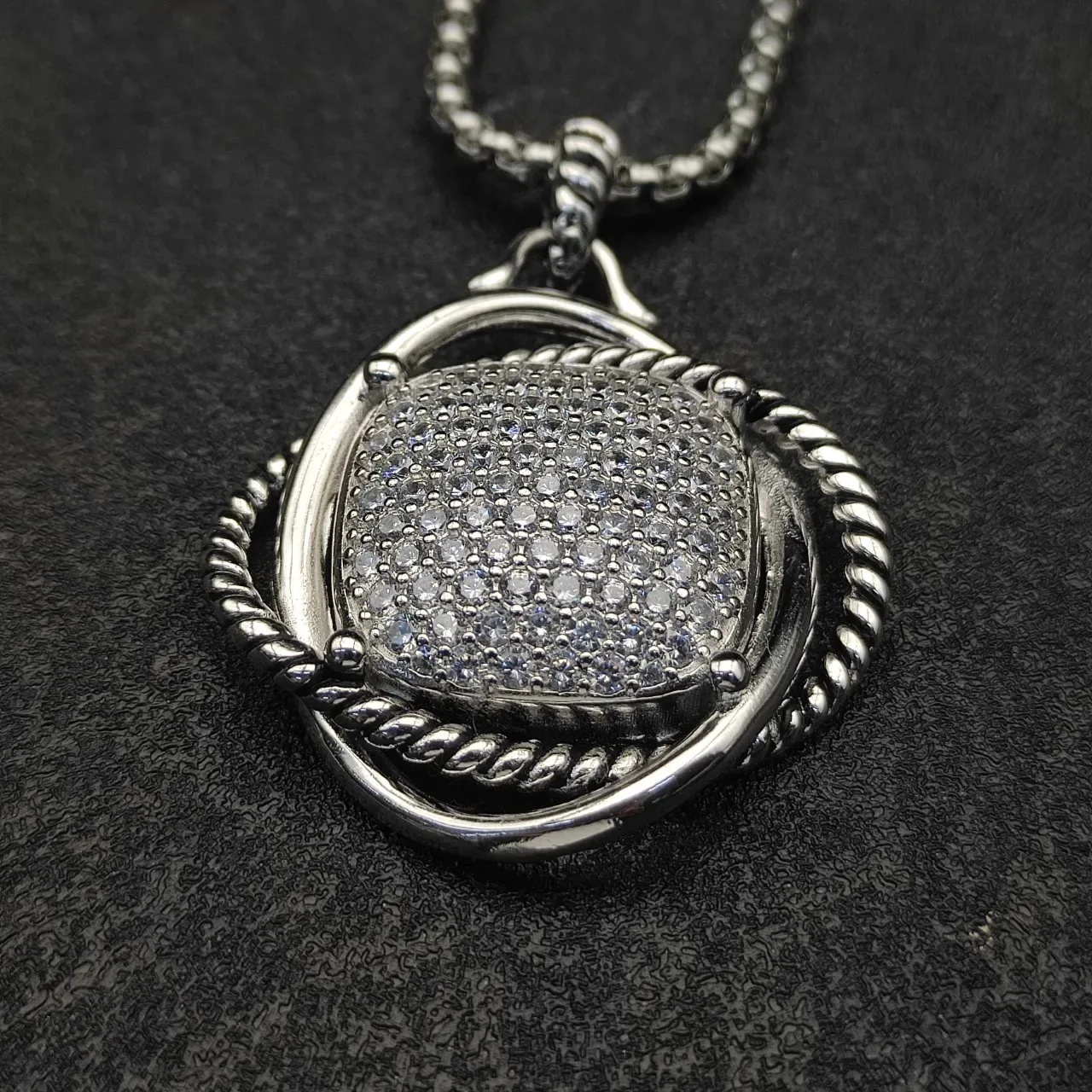 Silver Transparent Pavé-Set Square Face Rope-Twist Bezel Necklace 9