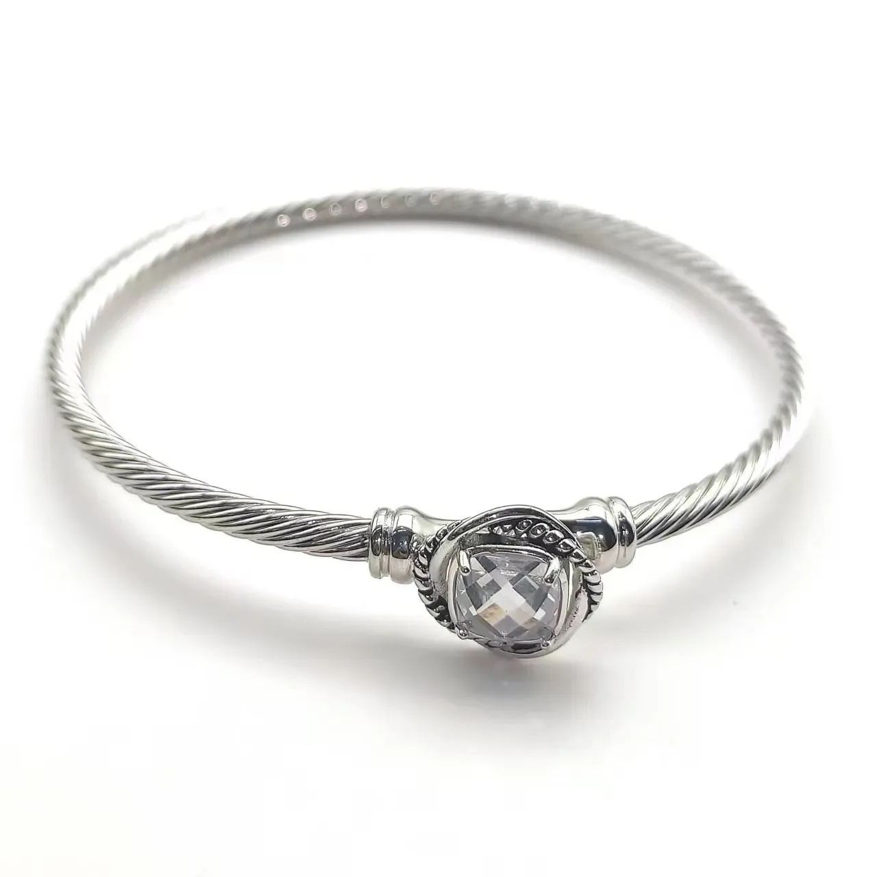 Silver Transparent Twisted Cable Wire Faceted Clear Stone Bracelet 5