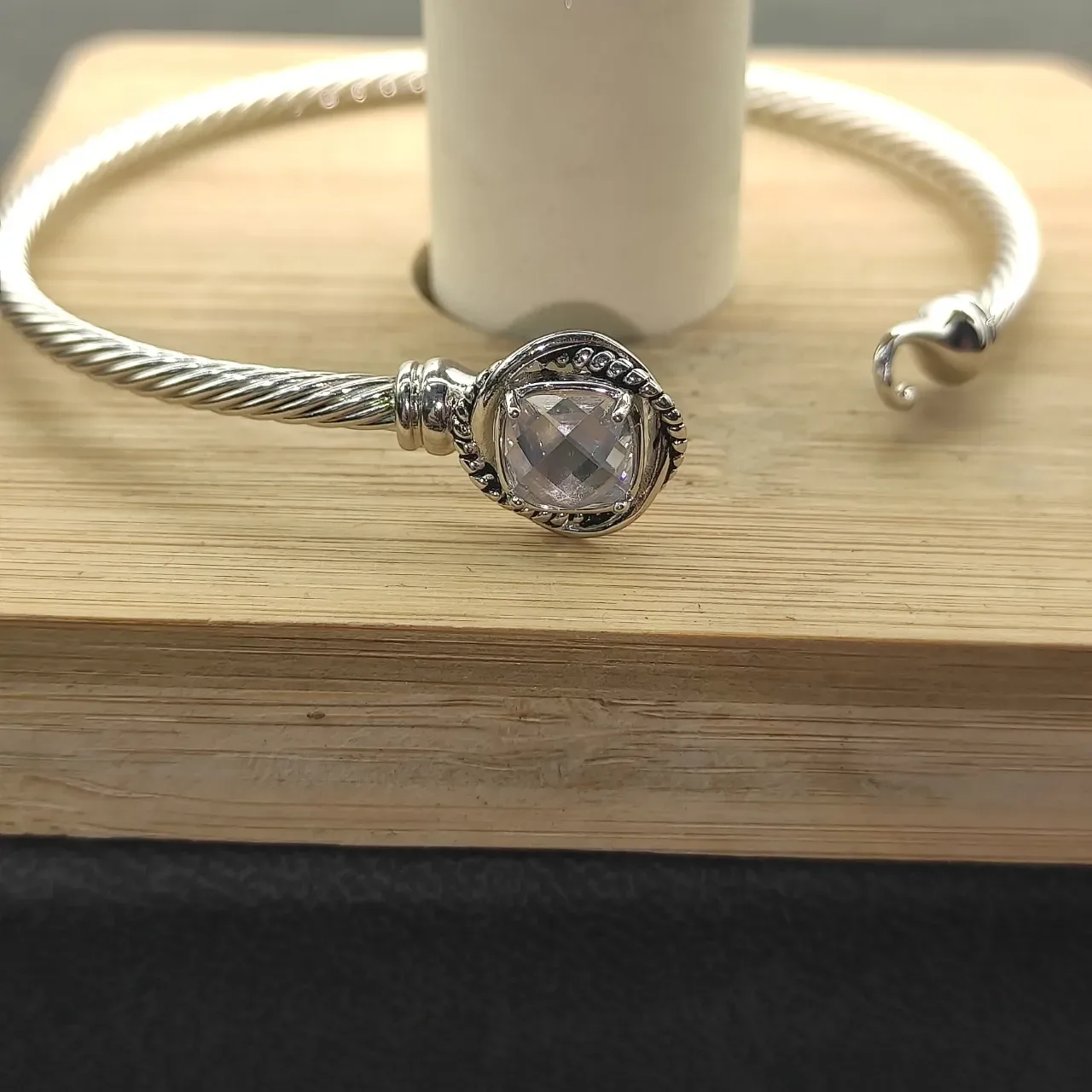 Silver Transparent Twisted Cable Wire Faceted Clear Stone Bracelet 6