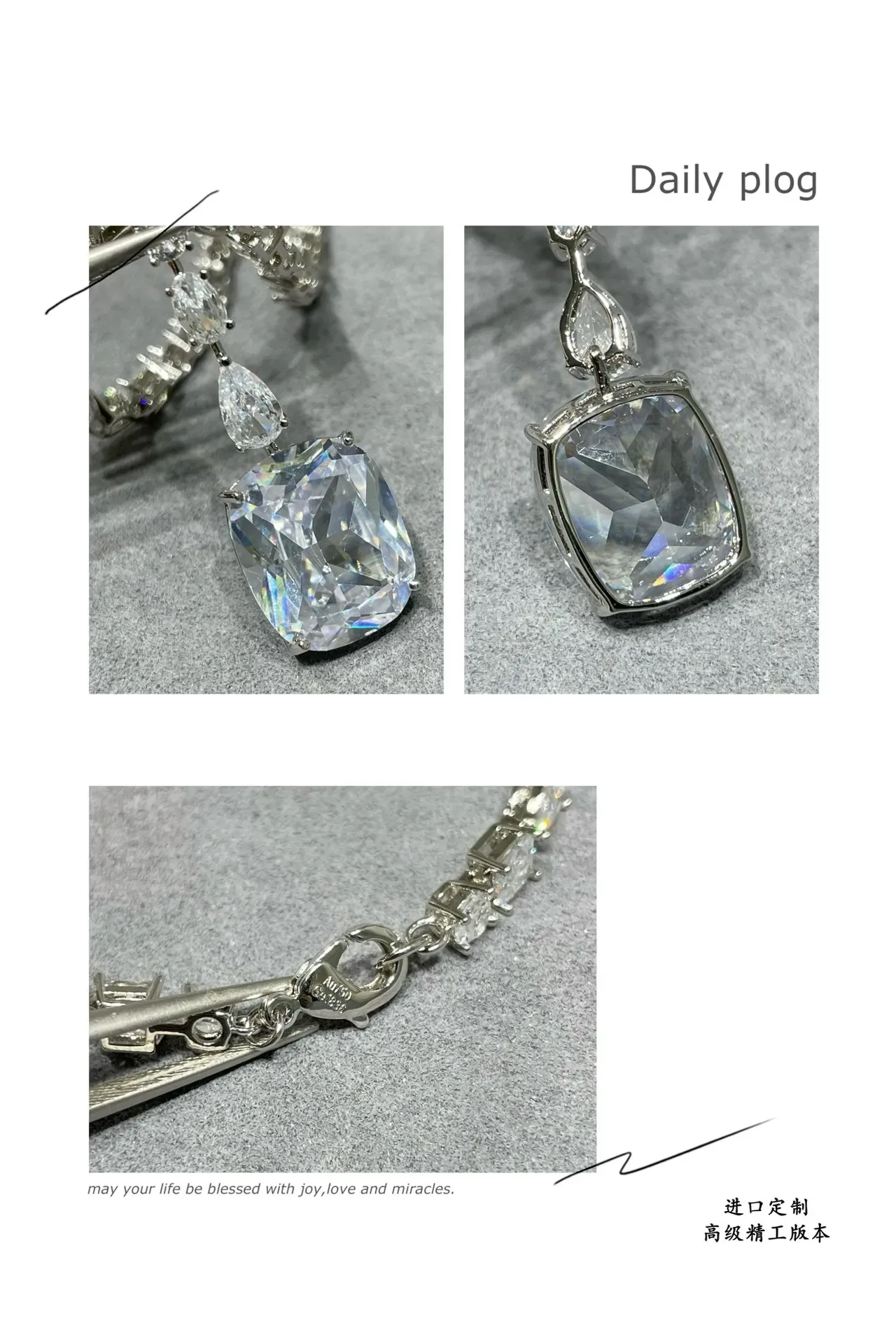 Silver Transparent Y-Shaped Drop Pendant Cushion-Cut Central Stone Necklace 3