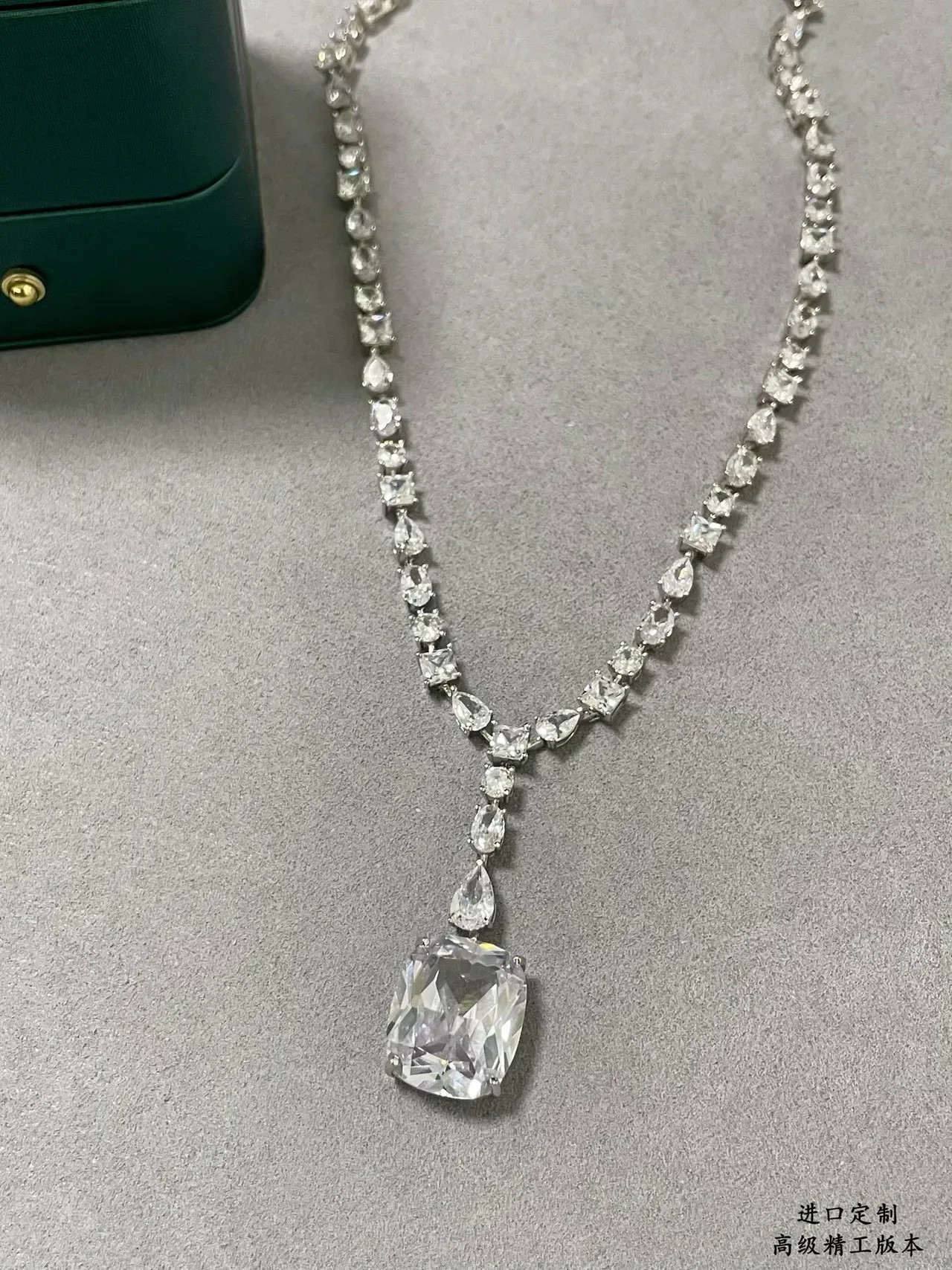 Silver Transparent Y-Shaped Drop Pendant Cushion-Cut Central Stone Necklace 5