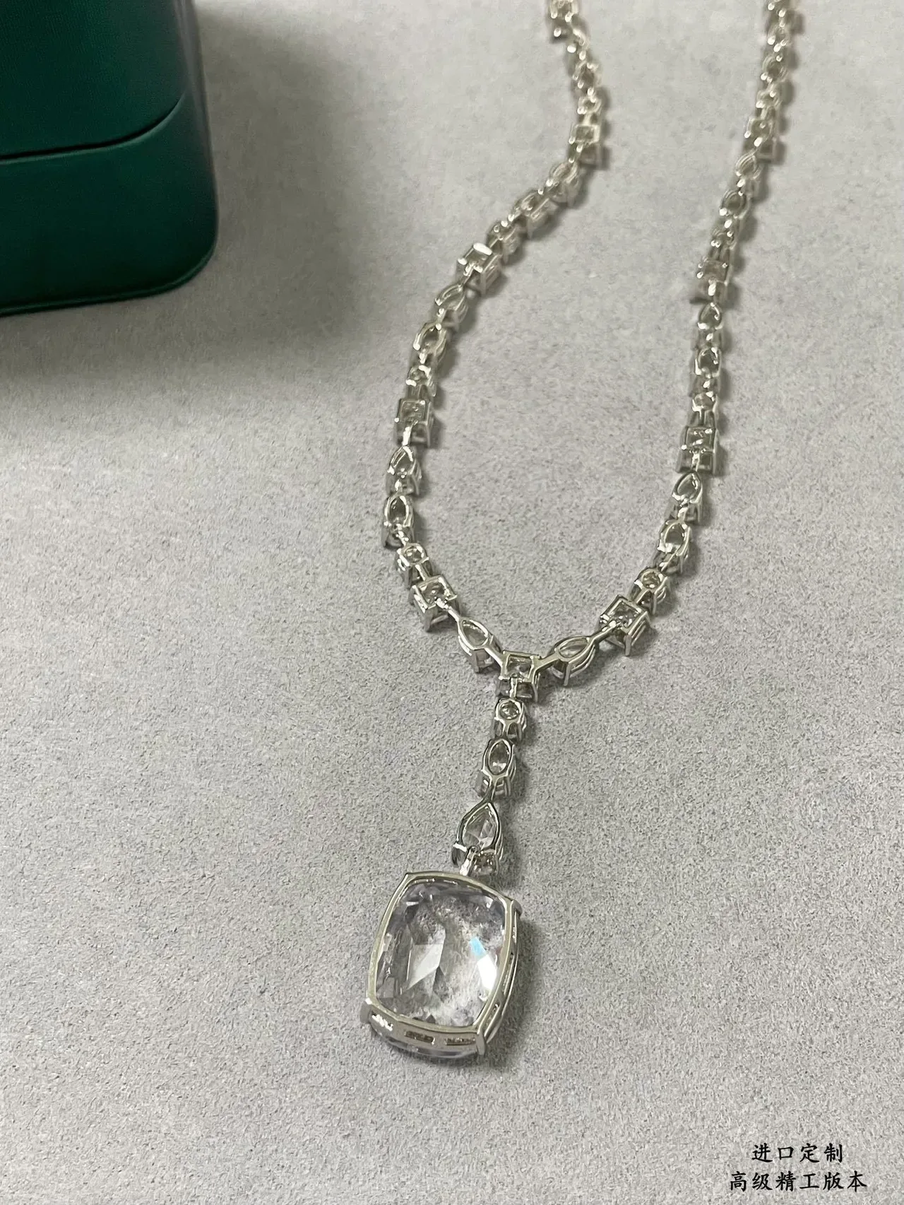 Silver Transparent Y-Shaped Drop Pendant Cushion-Cut Central Stone Necklace 6