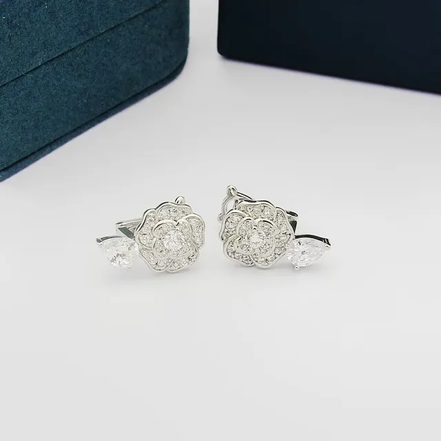 Silver White Floral Pavé Pear-Shaped Drop Earrings 5