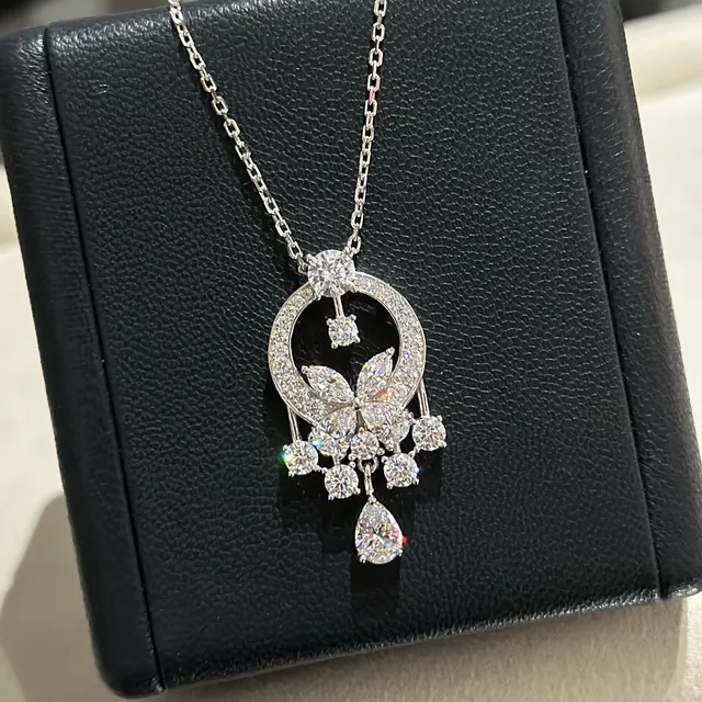 Silver White Halo-Circle Pendant Floral Motif Necklace 3