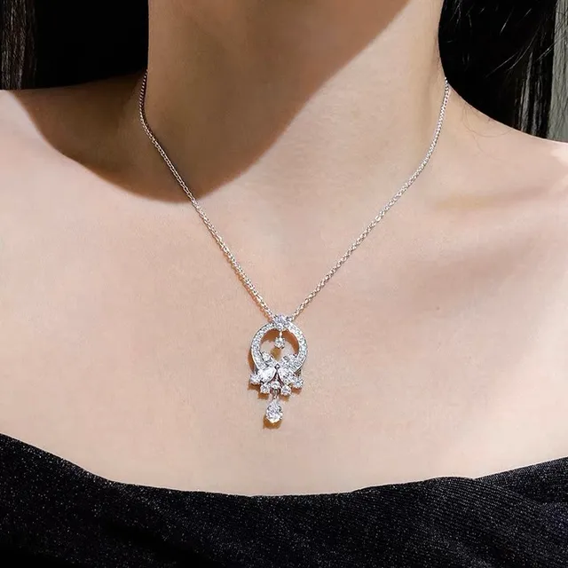 Silver White Halo-Circle Pendant Floral Motif Necklace 4