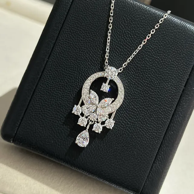 Silver White Halo-Circle Pendant Floral Motif Necklace 6