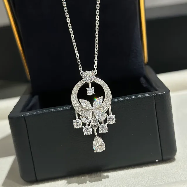 Silver White Halo-Circle Pendant Floral Motif Necklace 8
