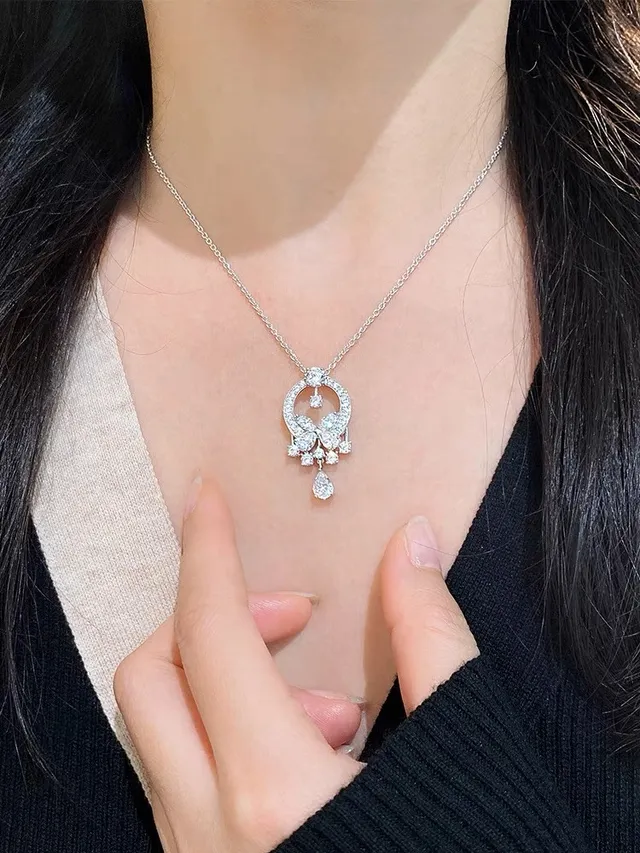 Silver White Halo-Circle Pendant Floral Motif Necklace 9