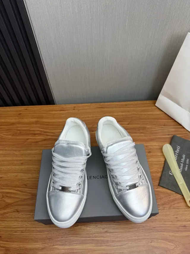 Silver White Metallic Leather Upper Rubber Cupsole Sneakers 2