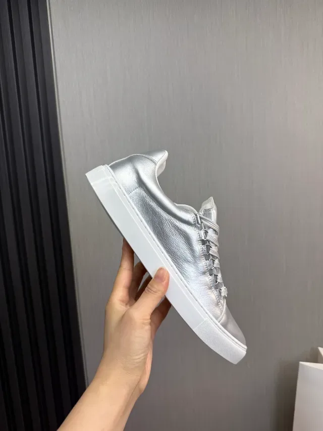 Silver White Metallic Leather Upper Rubber Cupsole Sneakers 7