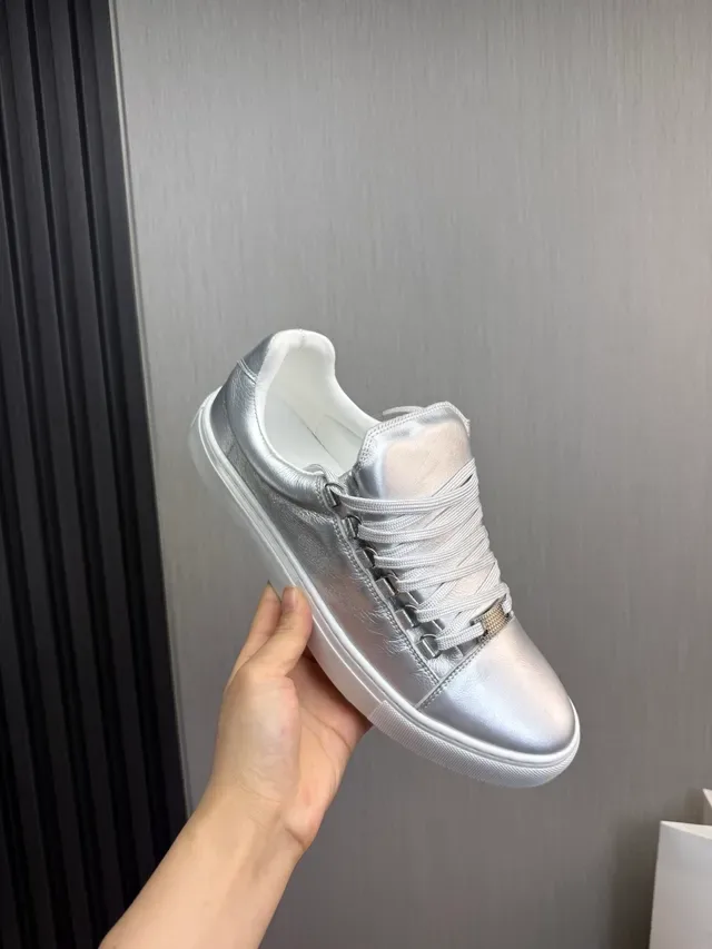 Silver White Metallic Leather Upper Rubber Cupsole Sneakers 8