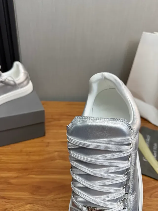 Silver White Metallic Leather Upper Rubber Cupsole Sneakers 10