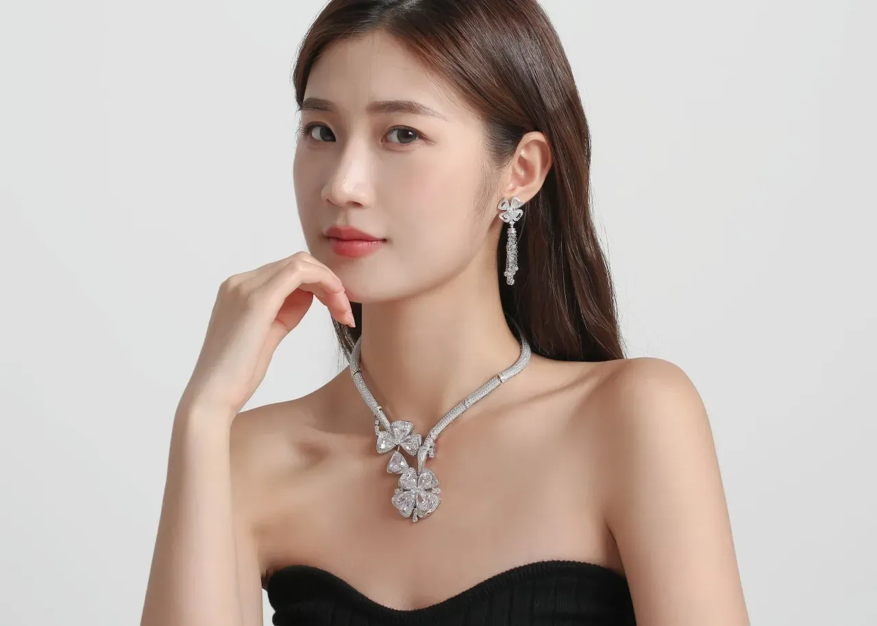 Silver White Pavé-Set Floral Pendant Necklace 3