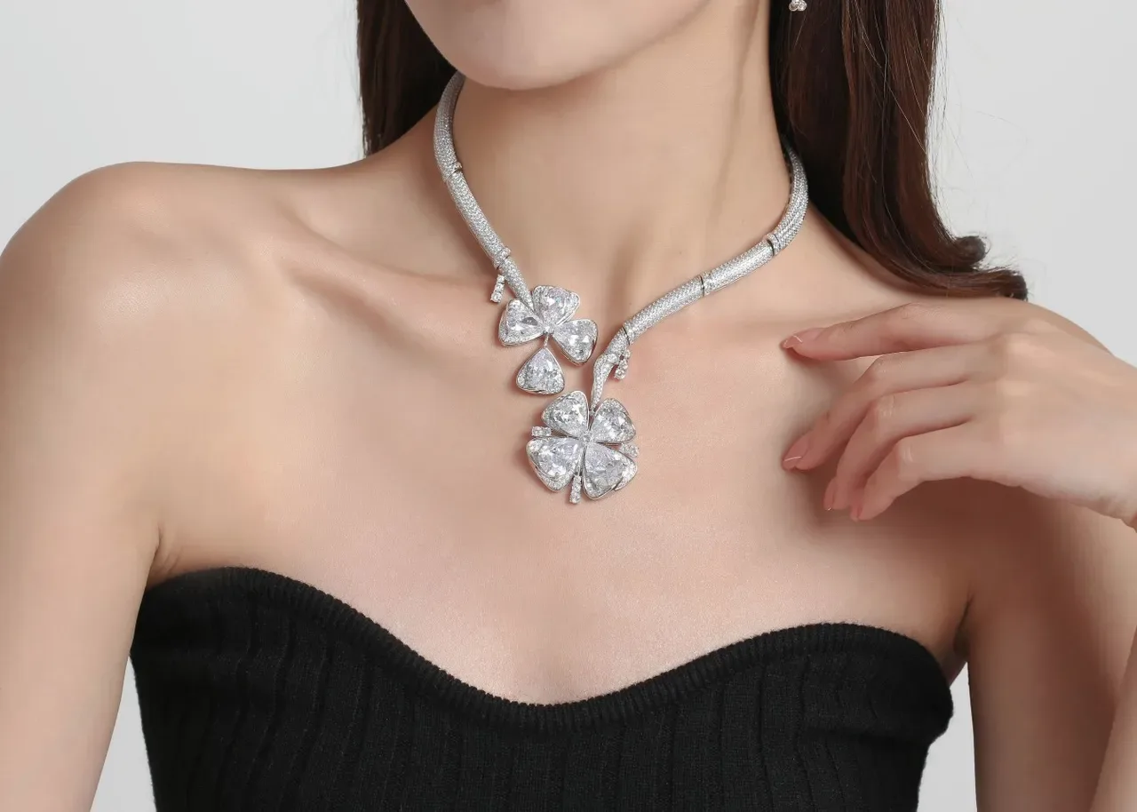 Silver White Pavé-Set Floral Pendant Necklace 4