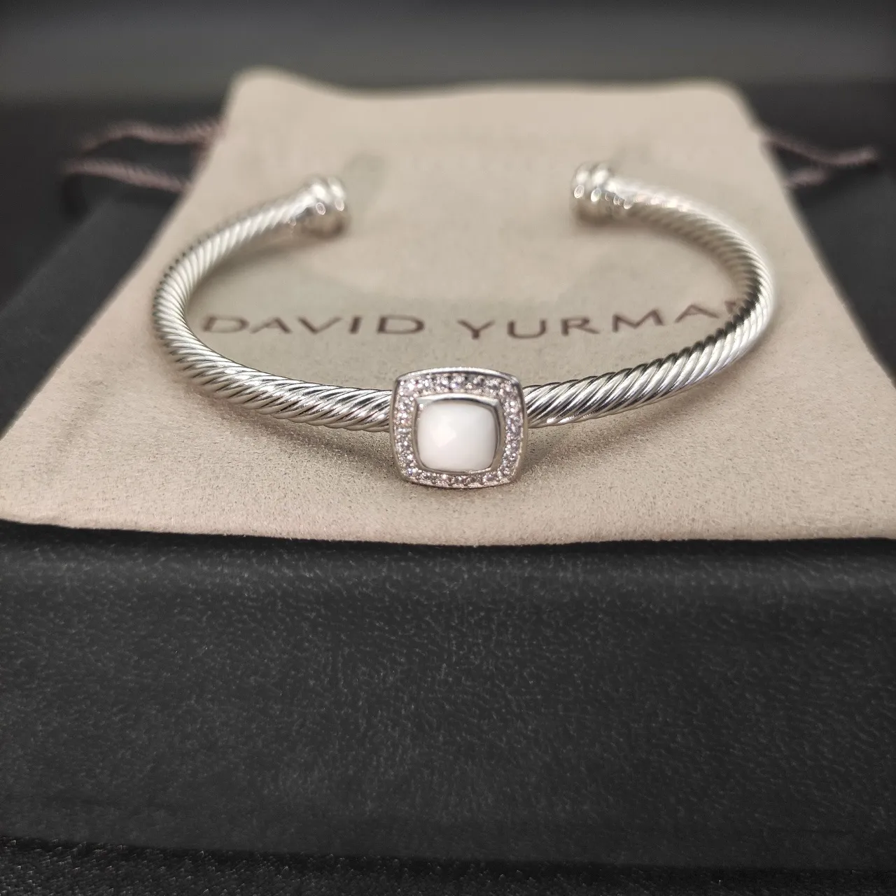 Silver White Twisted Cable Band Square Bezel Bracelet 5
