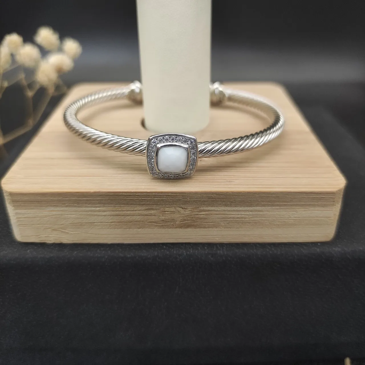 Silver White Twisted Cable Band Square Bezel Bracelet 6