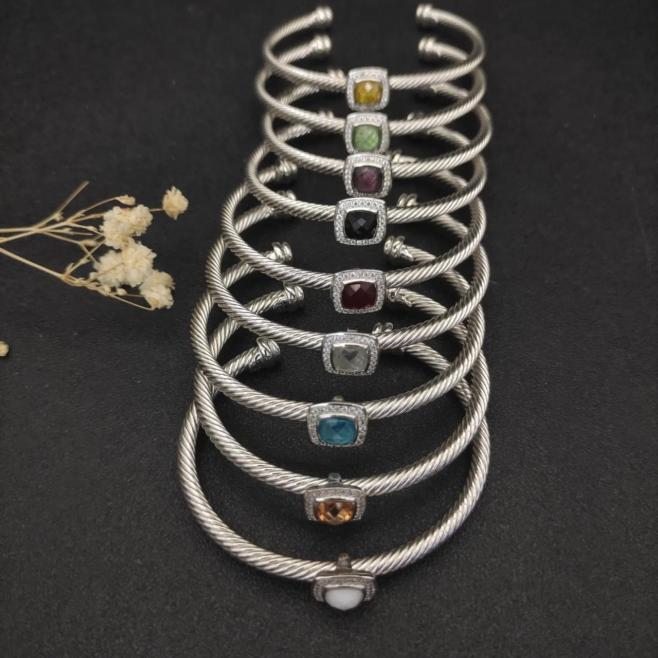Silver White Twisted Cable Band Square Bezel Bracelet 8