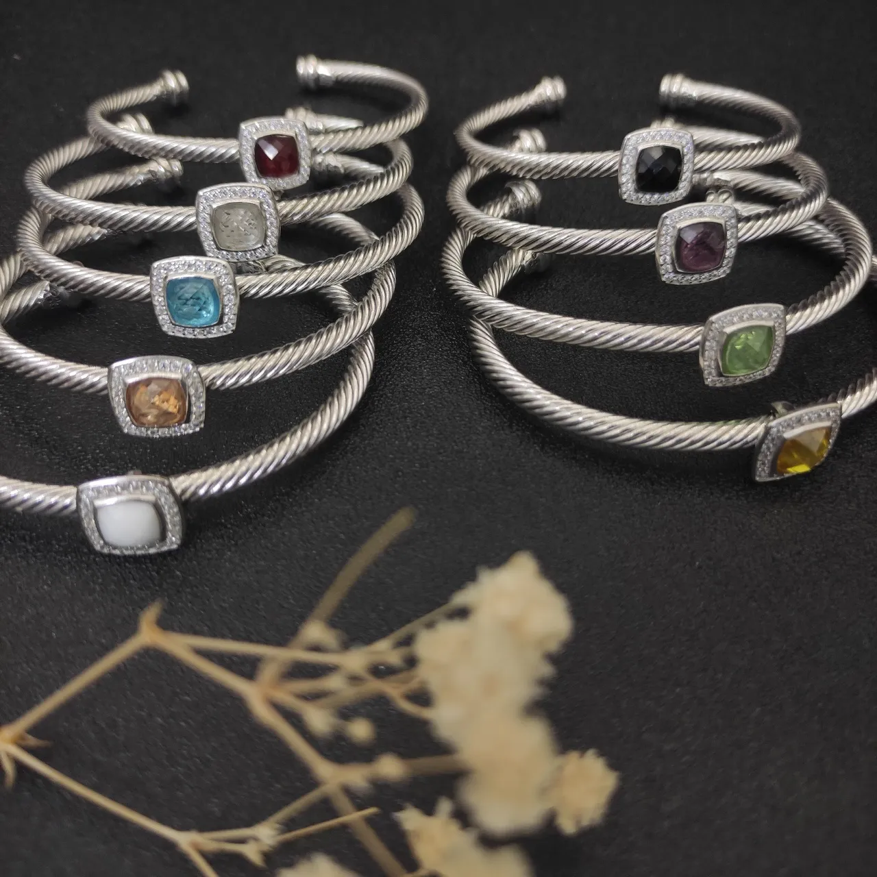 Silver White Twisted Cable Band Square Bezel Bracelet 9