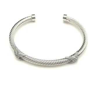 Silver White Twisted Rope Cable Pavé Stone Accents Bracelet